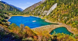 Aerial view of Jiuzhaigou Valley’s vibrant lakes and forests