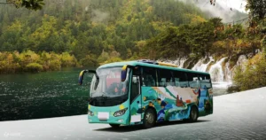 Comfy bus ride to Jiuzhaigou Valley