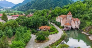 Side-by-side comparison of a mountain hotel and town accommodation