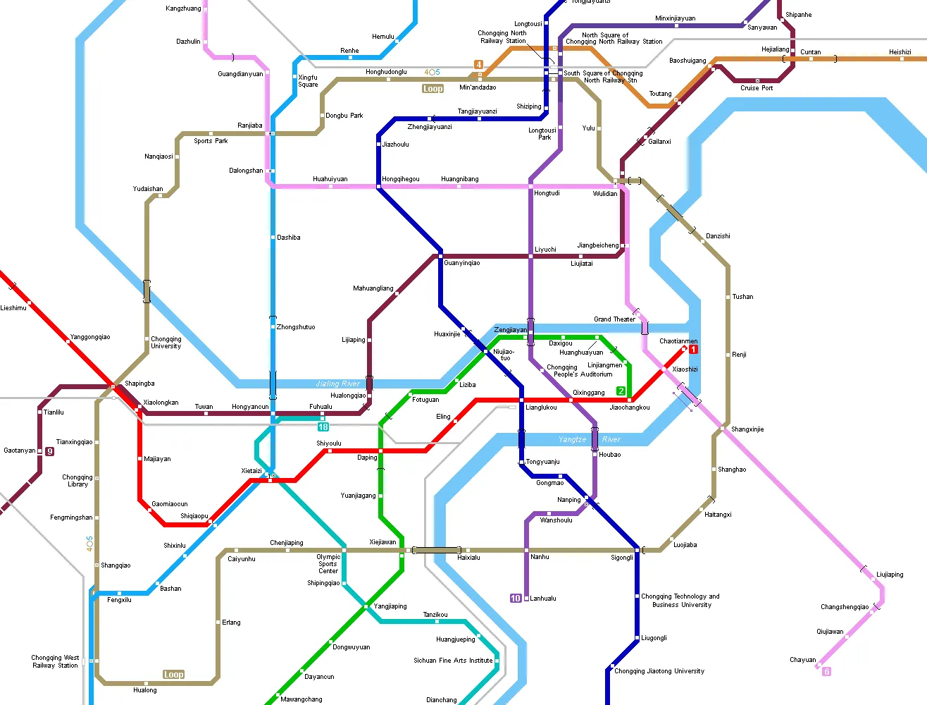 Chongqing metro map with colorful lines